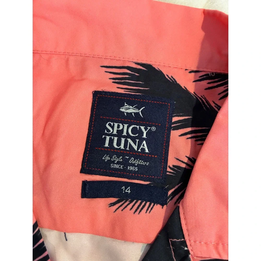 Spicy Tuna Palm Tree Hawaiian Shirt Tropical Resort Wear Pink‎ Black Size 14